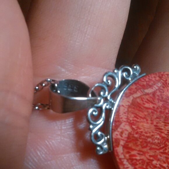 Red Sponge Coral Sterling Silver Pendant Stainless Steel Necklace - Picture 7 of 14
